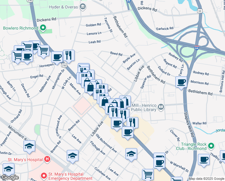 map of restaurants, bars, coffee shops, grocery stores, and more near 2119 Bremo Road in Richmond