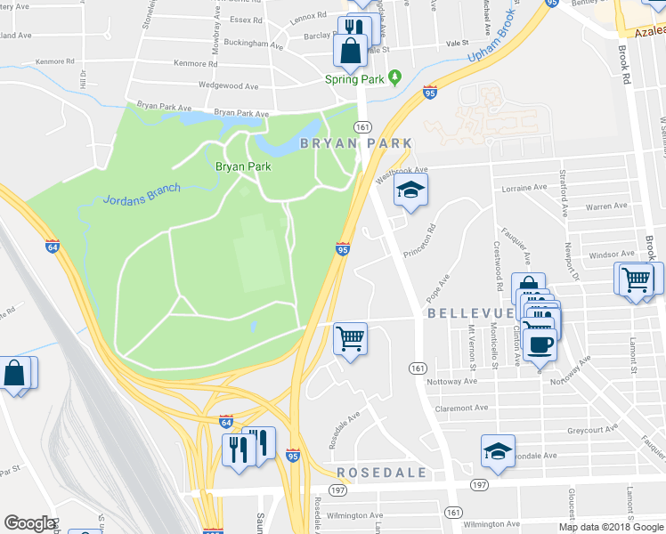 map of restaurants, bars, coffee shops, grocery stores, and more near Interstate 95 in Richmond