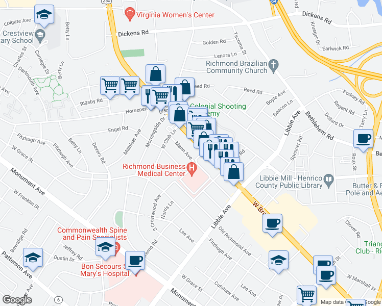 map of restaurants, bars, coffee shops, grocery stores, and more near 6004 Mann Avenue in Richmond