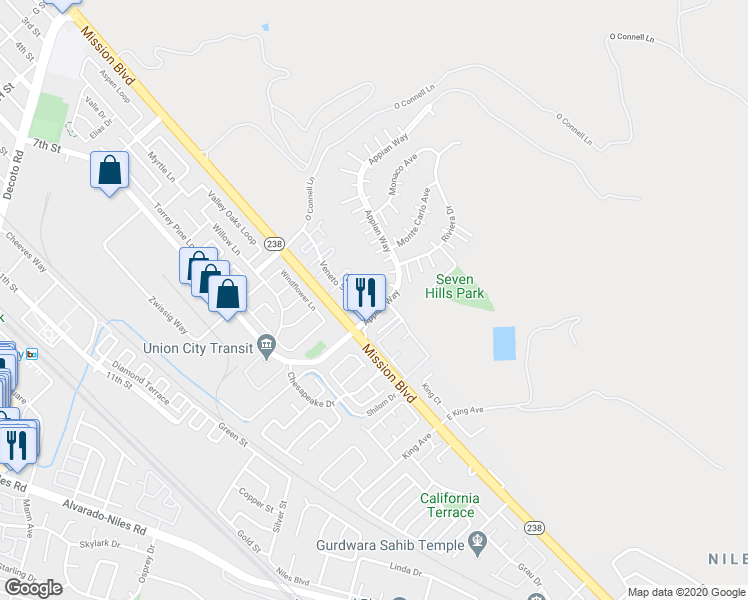 map of restaurants, bars, coffee shops, grocery stores, and more near 205 Ladera Plaza in Union City