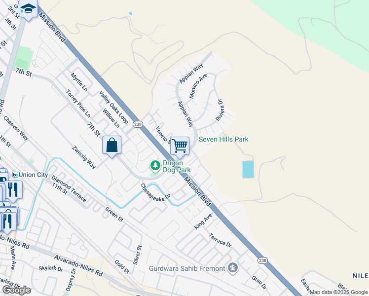 map of restaurants, bars, coffee shops, grocery stores, and more near 205 Ladera Plaza in Union City