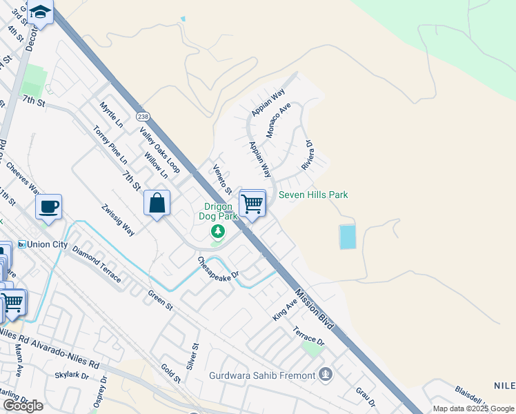 map of restaurants, bars, coffee shops, grocery stores, and more near 213 Ladera Plaza in Union City
