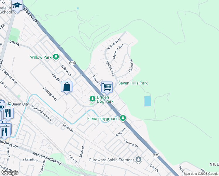 map of restaurants, bars, coffee shops, grocery stores, and more near 214 Ladera Plaza in Union City