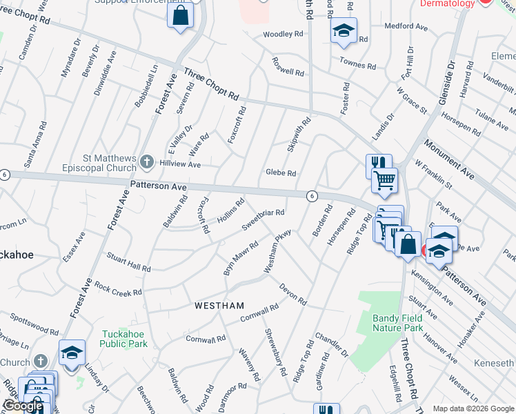 map of restaurants, bars, coffee shops, grocery stores, and more near 7513 Patterson Avenue in Richmond
