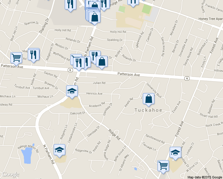 map of restaurants, bars, coffee shops, grocery stores, and more near 9704 University Boulevard in Richmond