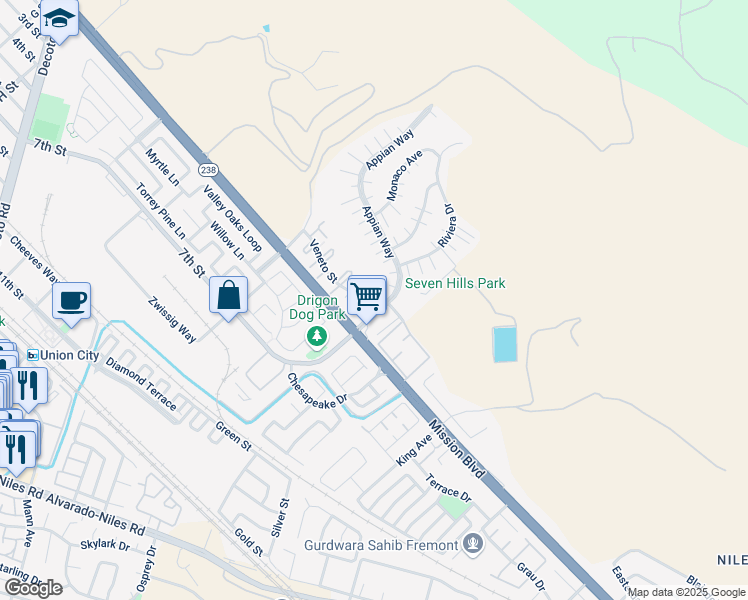 map of restaurants, bars, coffee shops, grocery stores, and more near 214 Ladera Plaza in Union City