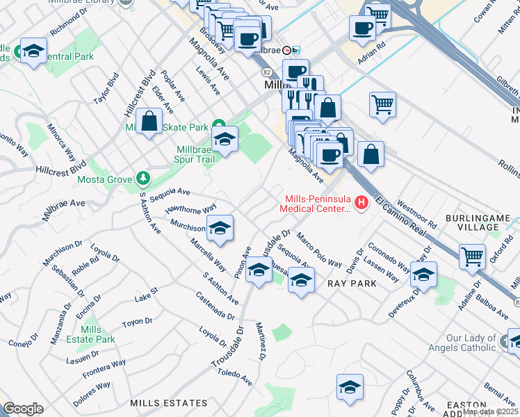 map of restaurants, bars, coffee shops, grocery stores, and more near 1900 Garden Drive in Burlingame