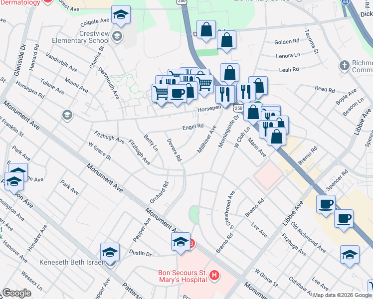 map of restaurants, bars, coffee shops, grocery stores, and more near 6412 Crescent Parkway in Richmond