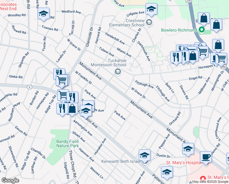 map of restaurants, bars, coffee shops, grocery stores, and more near 6817 Monument Avenue in Richmond
