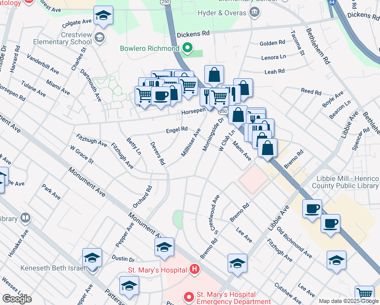 map of restaurants, bars, coffee shops, grocery stores, and more near 6415 Millhiser Avenue in Richmond