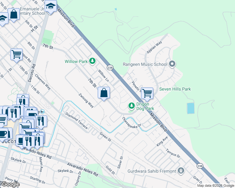 map of restaurants, bars, coffee shops, grocery stores, and more near 110 Windflower Lane in Union City