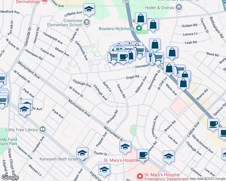 map of restaurants, bars, coffee shops, grocery stores, and more near 1711 Betty Lane in Richmond