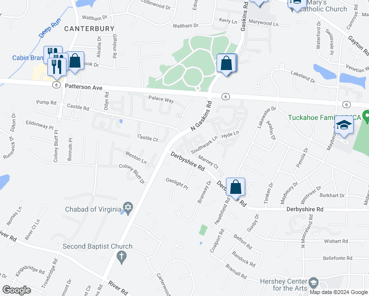 map of restaurants, bars, coffee shops, grocery stores, and more near 1003 Southwark Lane in Henrico