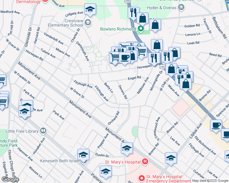 map of restaurants, bars, coffee shops, grocery stores, and more near 1711 Betty Lane in Richmond
