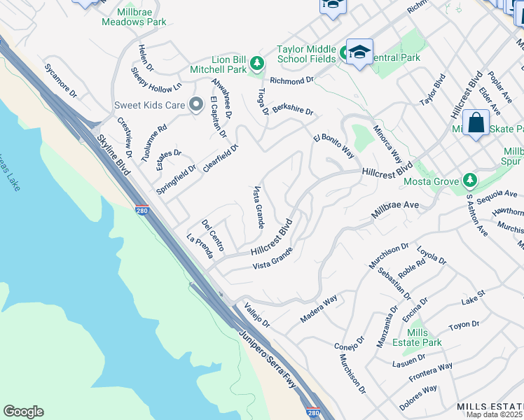 map of restaurants, bars, coffee shops, grocery stores, and more near 864 Vista Grande in Millbrae