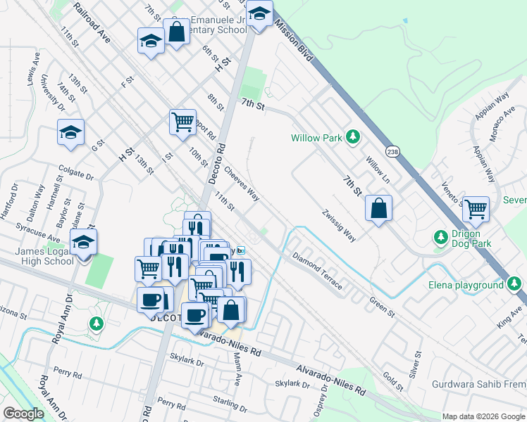 map of restaurants, bars, coffee shops, grocery stores, and more near 34588 11th Street in Union City