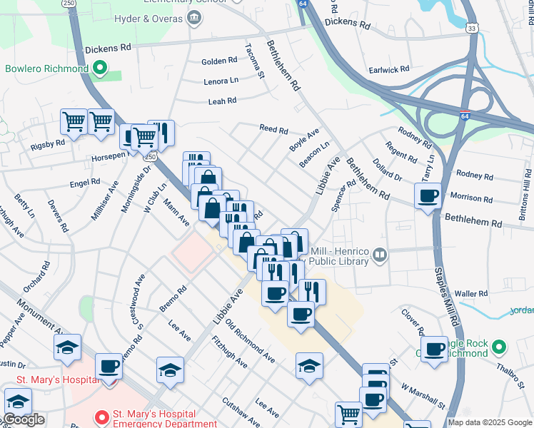 map of restaurants, bars, coffee shops, grocery stores, and more near 2121 Bremo Road in Richmond