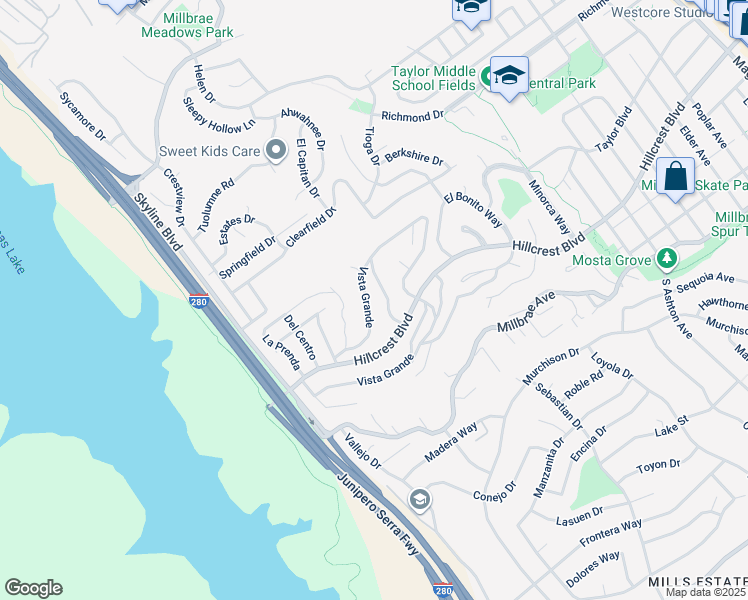 map of restaurants, bars, coffee shops, grocery stores, and more near 864 Vista Grande in Millbrae