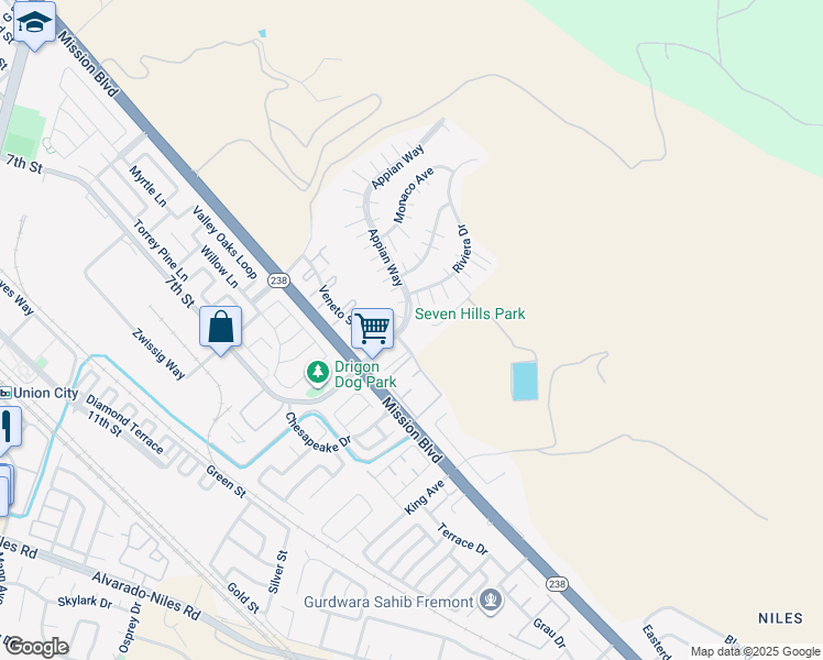 map of restaurants, bars, coffee shops, grocery stores, and more near 217 Appian Way in Union City