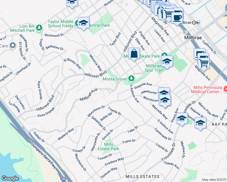 map of restaurants, bars, coffee shops, grocery stores, and more near 2 Millbrae Circle in Millbrae