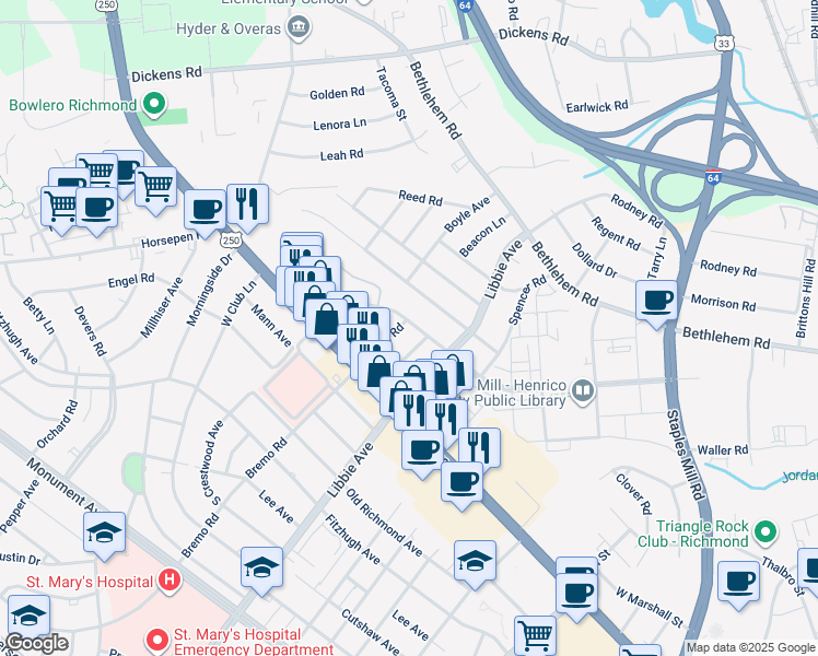 map of restaurants, bars, coffee shops, grocery stores, and more near 2121 Bremo Road in Richmond
