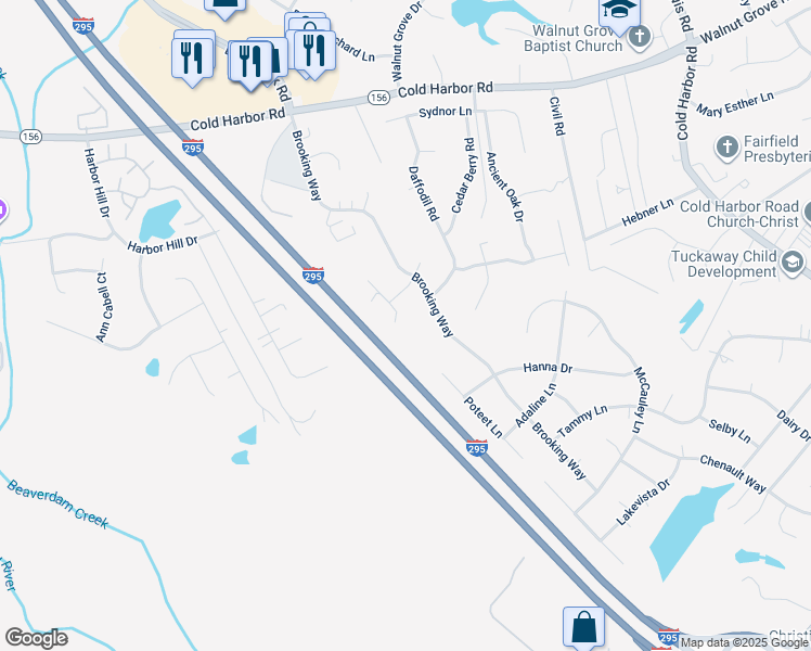 map of restaurants, bars, coffee shops, grocery stores, and more near 7070 Drinkard Way in Mechanicsville