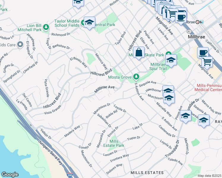 map of restaurants, bars, coffee shops, grocery stores, and more near 8 Millbrae Circle in Millbrae