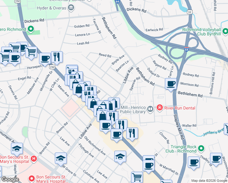 map of restaurants, bars, coffee shops, grocery stores, and more near 5607 Indigo Road in Richmond