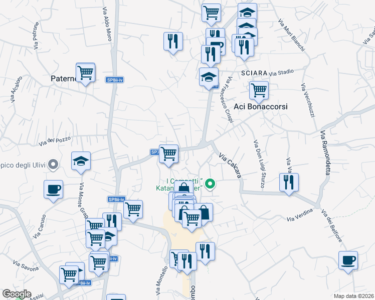 map of restaurants, bars, coffee shops, grocery stores, and more near in Città metropolitana di Catania