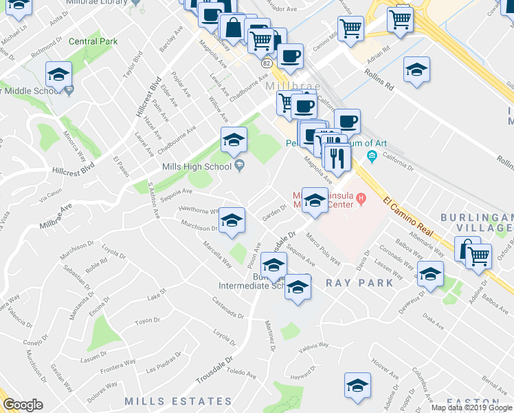 map of restaurants, bars, coffee shops, grocery stores, and more near 2005 Murchison Drive in Burlingame