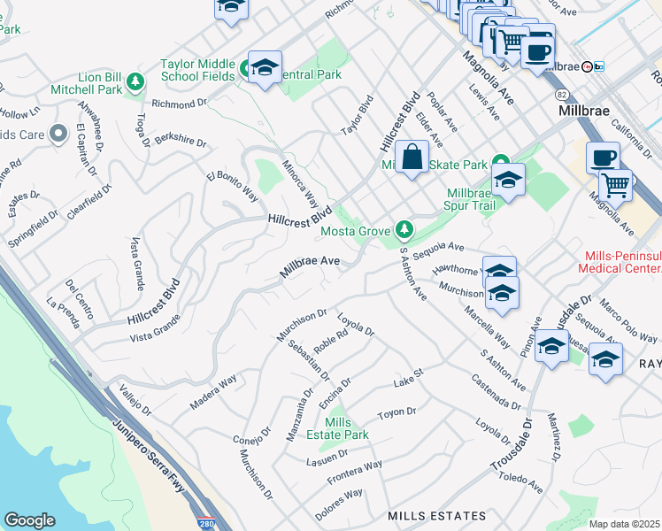 map of restaurants, bars, coffee shops, grocery stores, and more near 8 Millbrae Circle in Millbrae