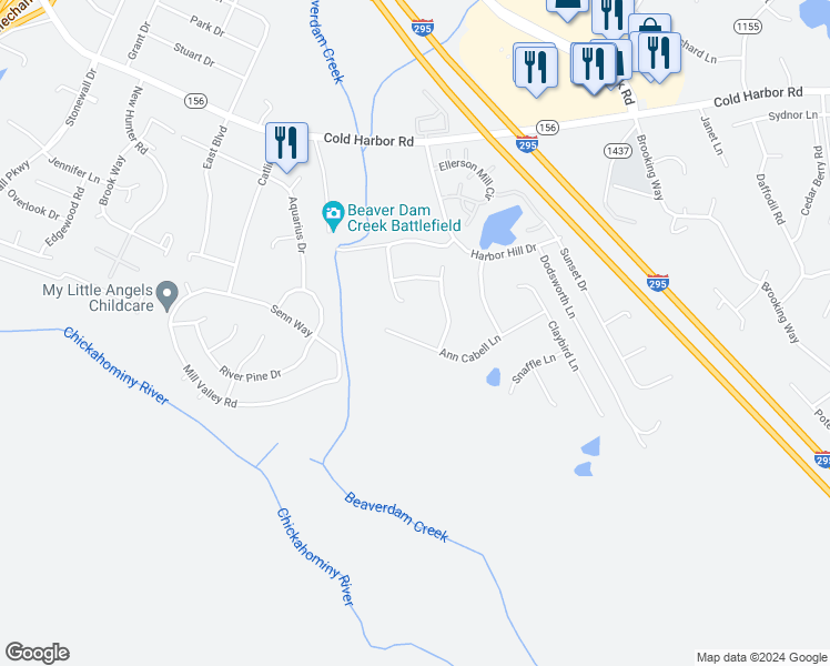 map of restaurants, bars, coffee shops, grocery stores, and more near 7294 Ann Cabell Lane in Mechanicsville