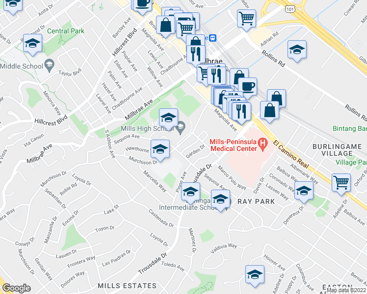 map of restaurants, bars, coffee shops, grocery stores, and more near 2005 Murchison Drive in Burlingame