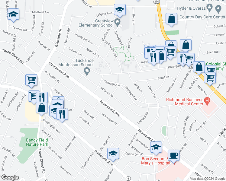map of restaurants, bars, coffee shops, grocery stores, and more near 1400 Roxbury Road in Richmond