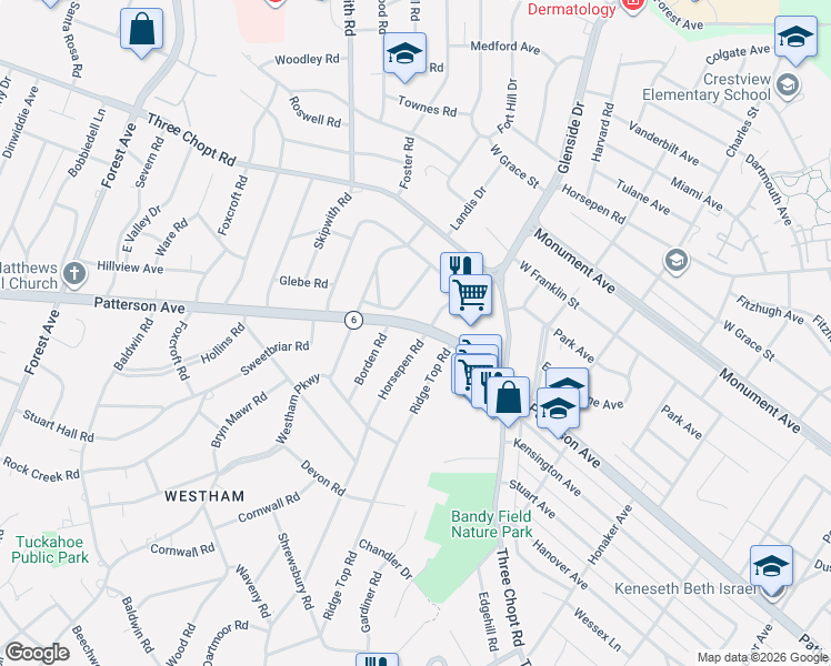 map of restaurants, bars, coffee shops, grocery stores, and more near 1100 Horsepen Road in Richmond