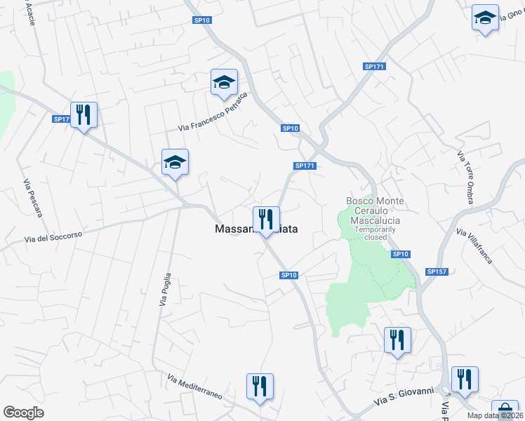 map of restaurants, bars, coffee shops, grocery stores, and more near 8 Via delle Mandre in Mascalucia