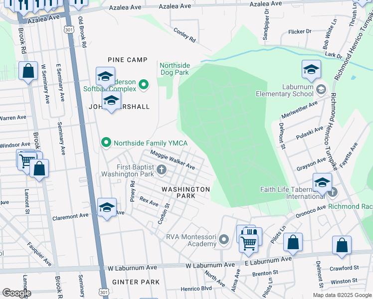 map of restaurants, bars, coffee shops, grocery stores, and more near 4500 Corbin Street in Richmond