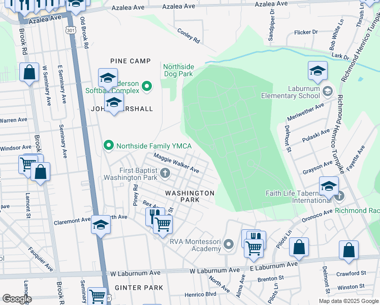 map of restaurants, bars, coffee shops, grocery stores, and more near 4500 Corbin Street in Richmond