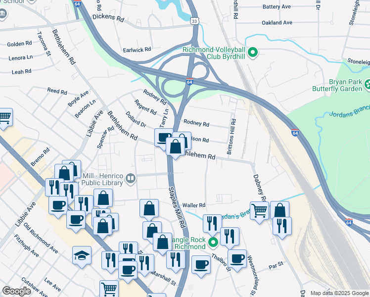 map of restaurants, bars, coffee shops, grocery stores, and more near 4838 Bethlehem Road in Richmond