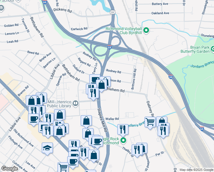 map of restaurants, bars, coffee shops, grocery stores, and more near 4838 Bethlehem Road in Richmond