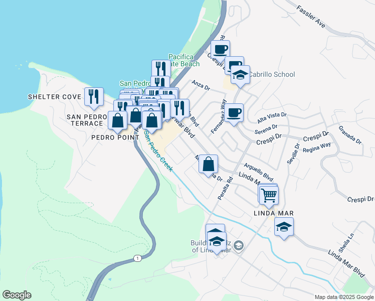map of restaurants, bars, coffee shops, grocery stores, and more near 652 Montezuma Drive in Pacifica
