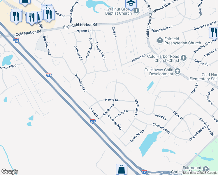 map of restaurants, bars, coffee shops, grocery stores, and more near 7135 McCauley Lane in Mechanicsville