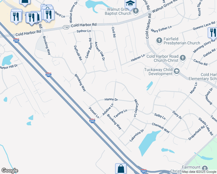 map of restaurants, bars, coffee shops, grocery stores, and more near 7135 McCauley Lane in Mechanicsville