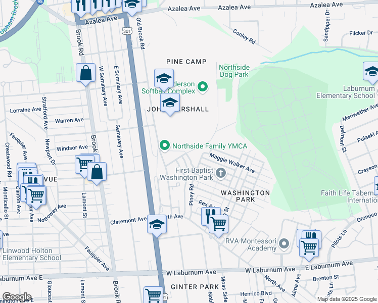 map of restaurants, bars, coffee shops, grocery stores, and more near 800 Forest Lawn Drive in Richmond