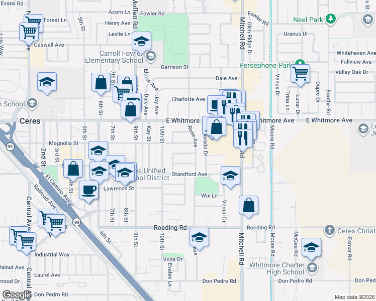 map of restaurants, bars, coffee shops, grocery stores, and more near 2736 Magnolia Street in Ceres