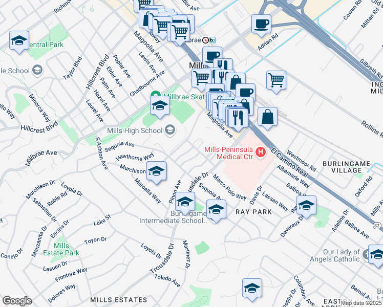 map of restaurants, bars, coffee shops, grocery stores, and more near 1900 Garden Drive in Burlingame