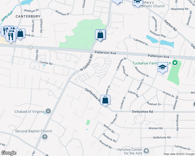 map of restaurants, bars, coffee shops, grocery stores, and more near 9507 Tatton Park Circle in Richmond