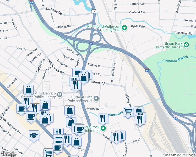 map of restaurants, bars, coffee shops, grocery stores, and more near 4815 Morrison Road in Richmond