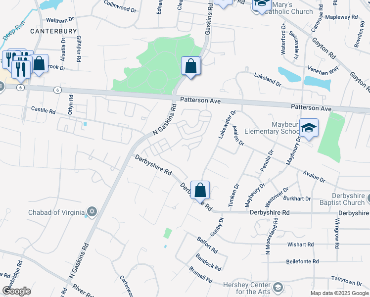 map of restaurants, bars, coffee shops, grocery stores, and more near 9507 Tatton Park Circle in Richmond