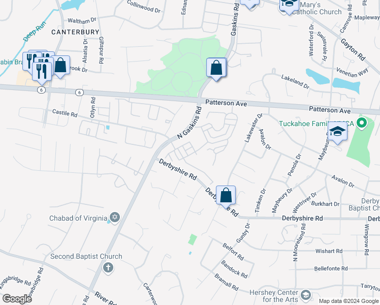 map of restaurants, bars, coffee shops, grocery stores, and more near 708 Southwark Lane in Henrico